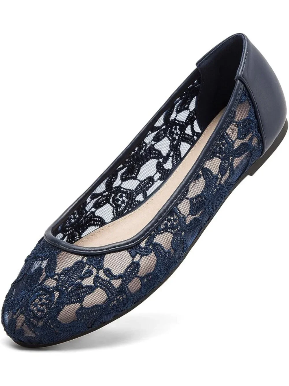 Women's Navy Blue Lace Ballerina Flats Round Toe Slip on Floral Casual Shoes